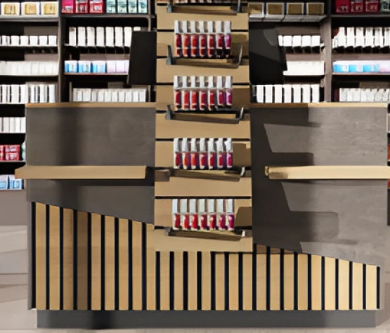 Comptoir bicolore compact pour espace de vente pharmacie SPLIT